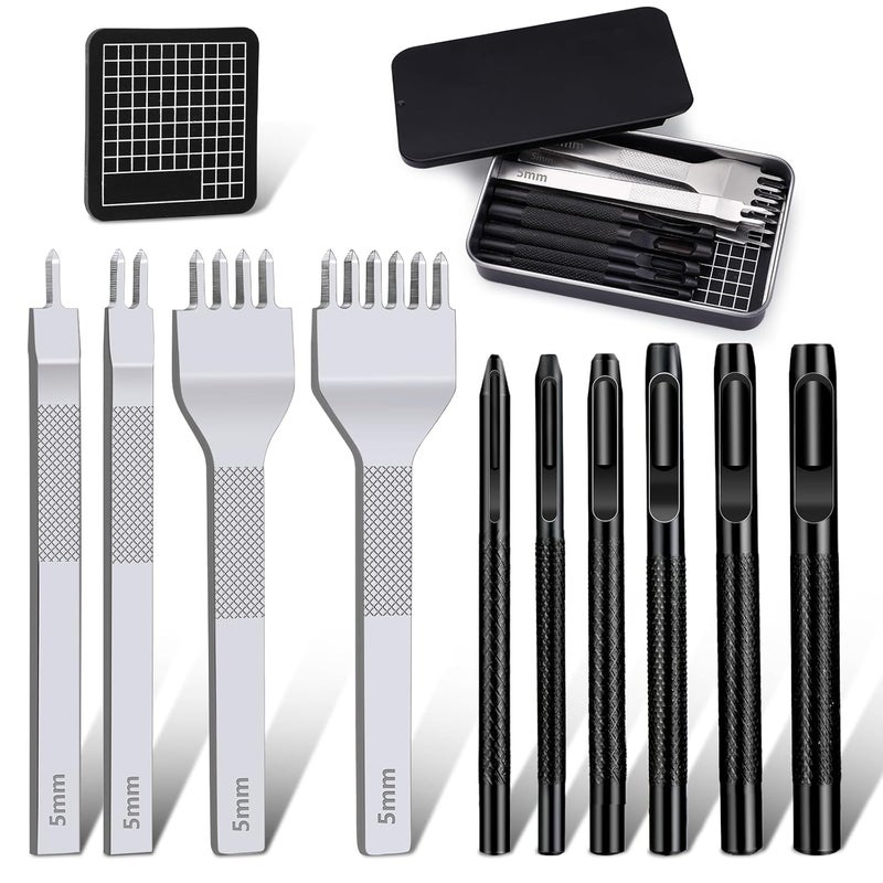 MORFEN Leather Stitching Punch Hole Punch Tool Set, 5mm 1/2/4/6 Prong Punch Chisel, Round Hole Punch for Belt, Watch Band, Leather Strap DIY Crafts - Image 1